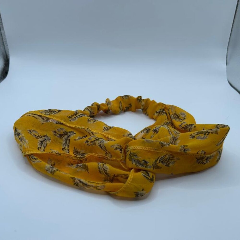 Yellow Silky Wrap Around Headband with Abstract Feather Design
